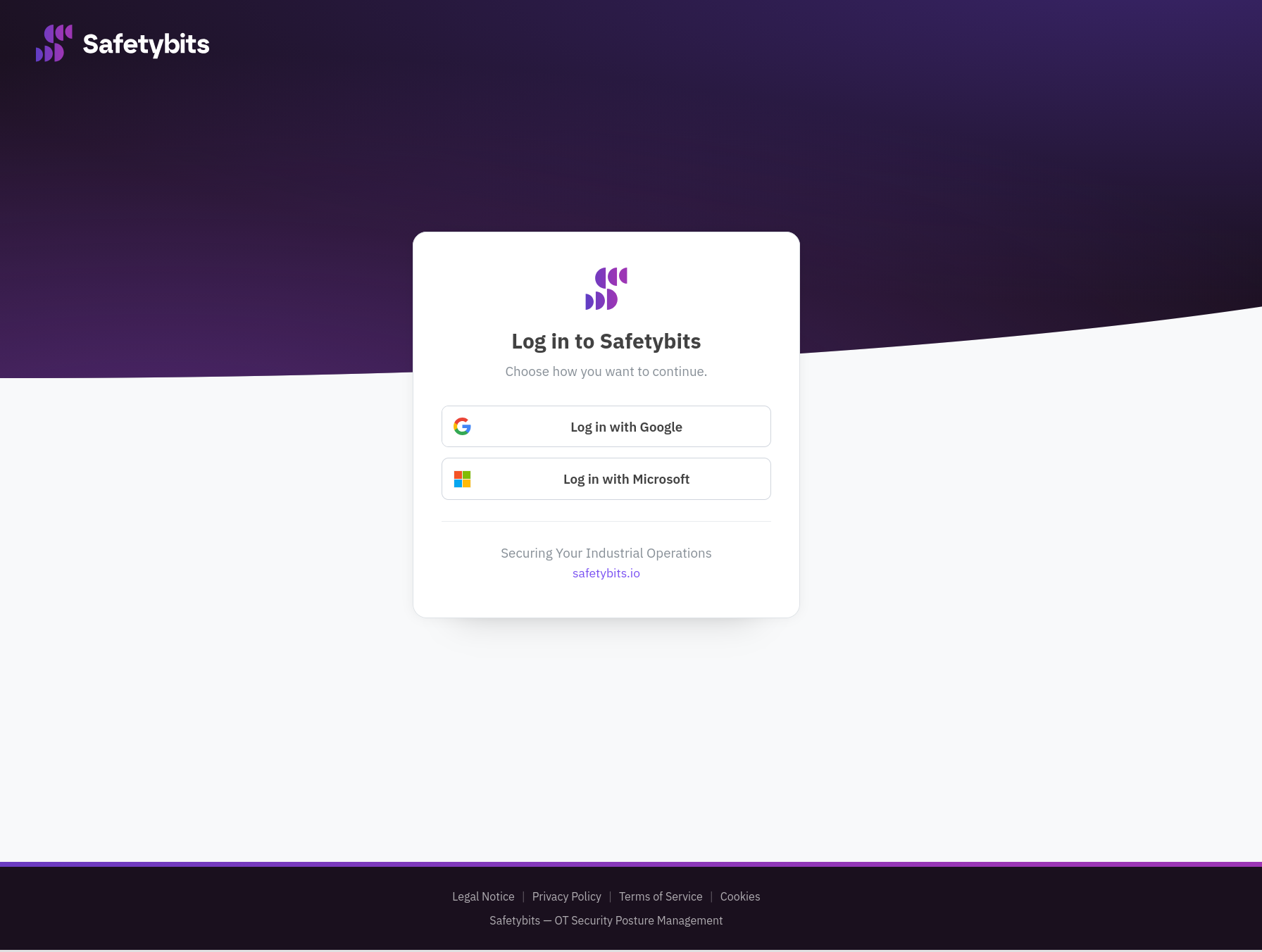 Login screen for a SaaS deployment, showing the Google and Microsoft sign-in options