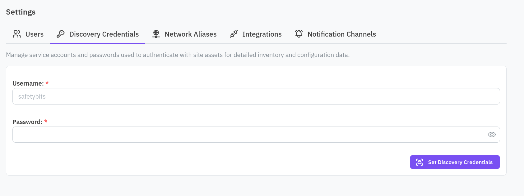 Discovery credentials tab in Settings