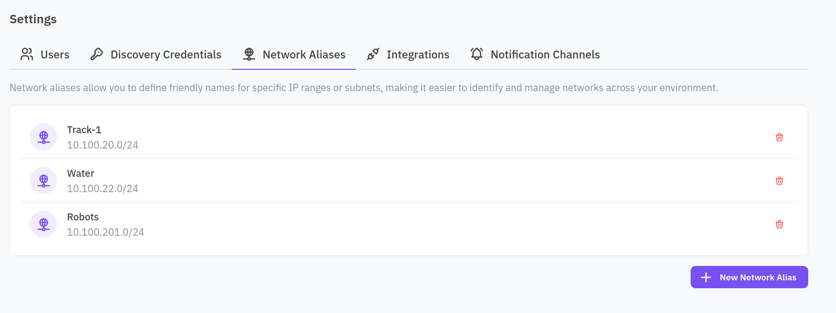 Network aliases tab in Settings, showing a CIDR range mapped to a name