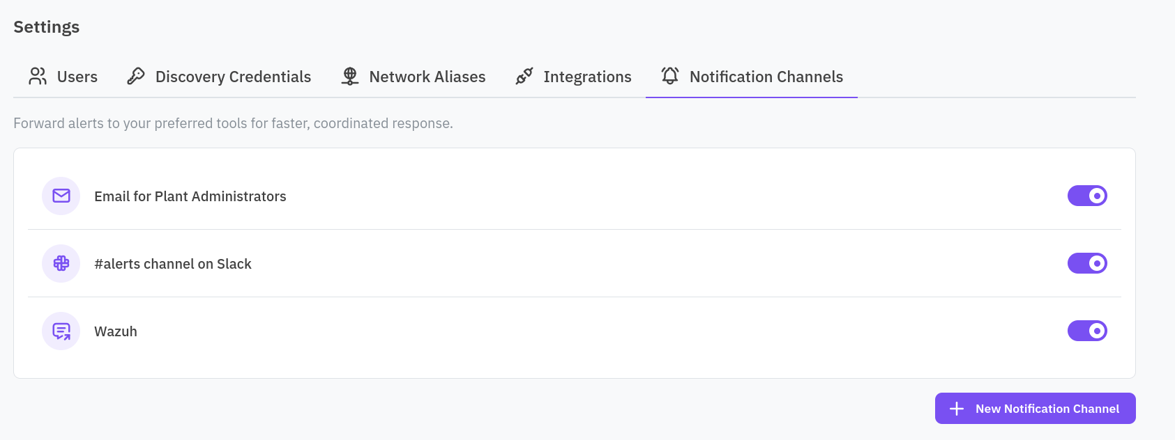 Notification channels tab in Settings