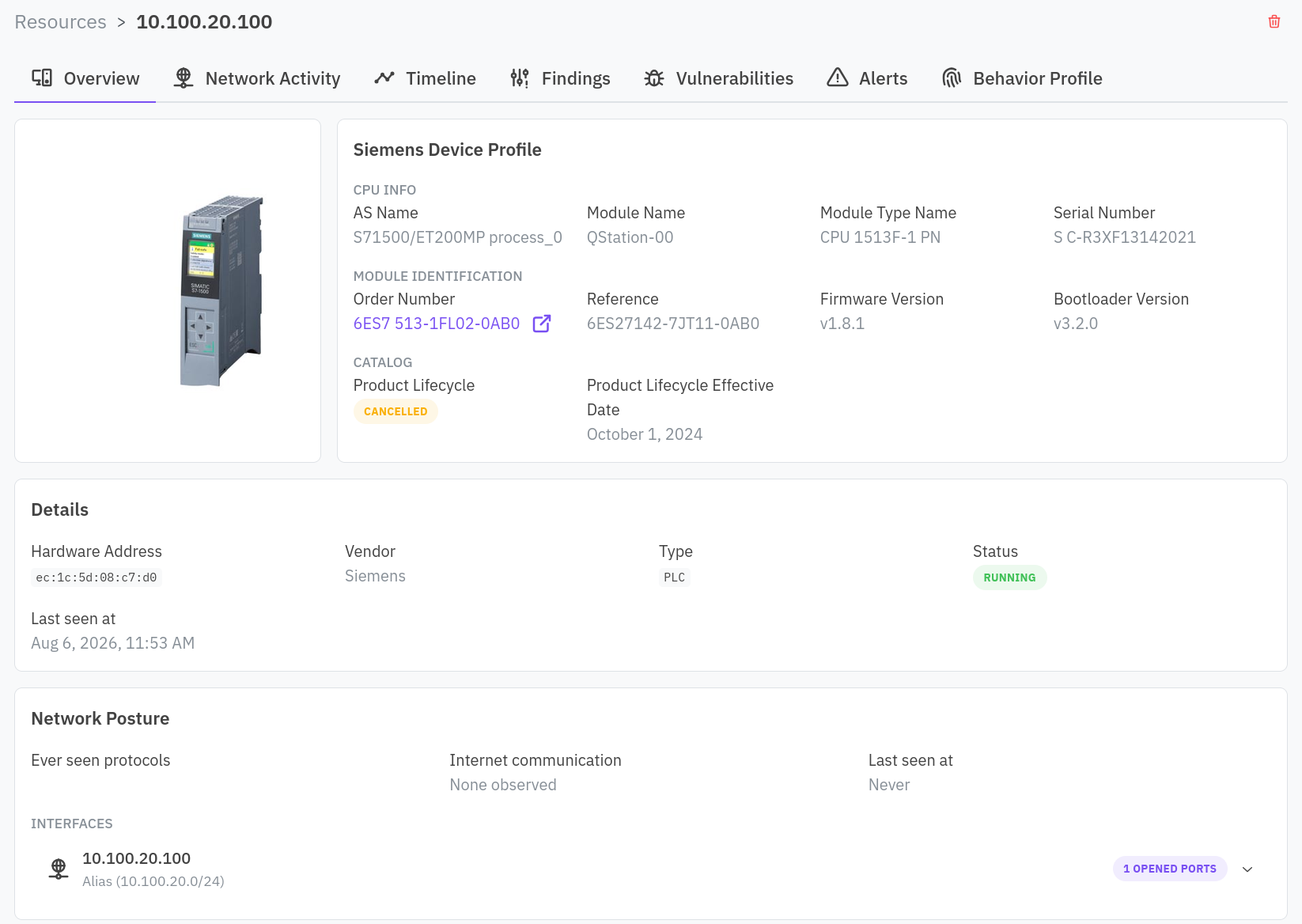 Resource overview tab with a vendor-specific device profile