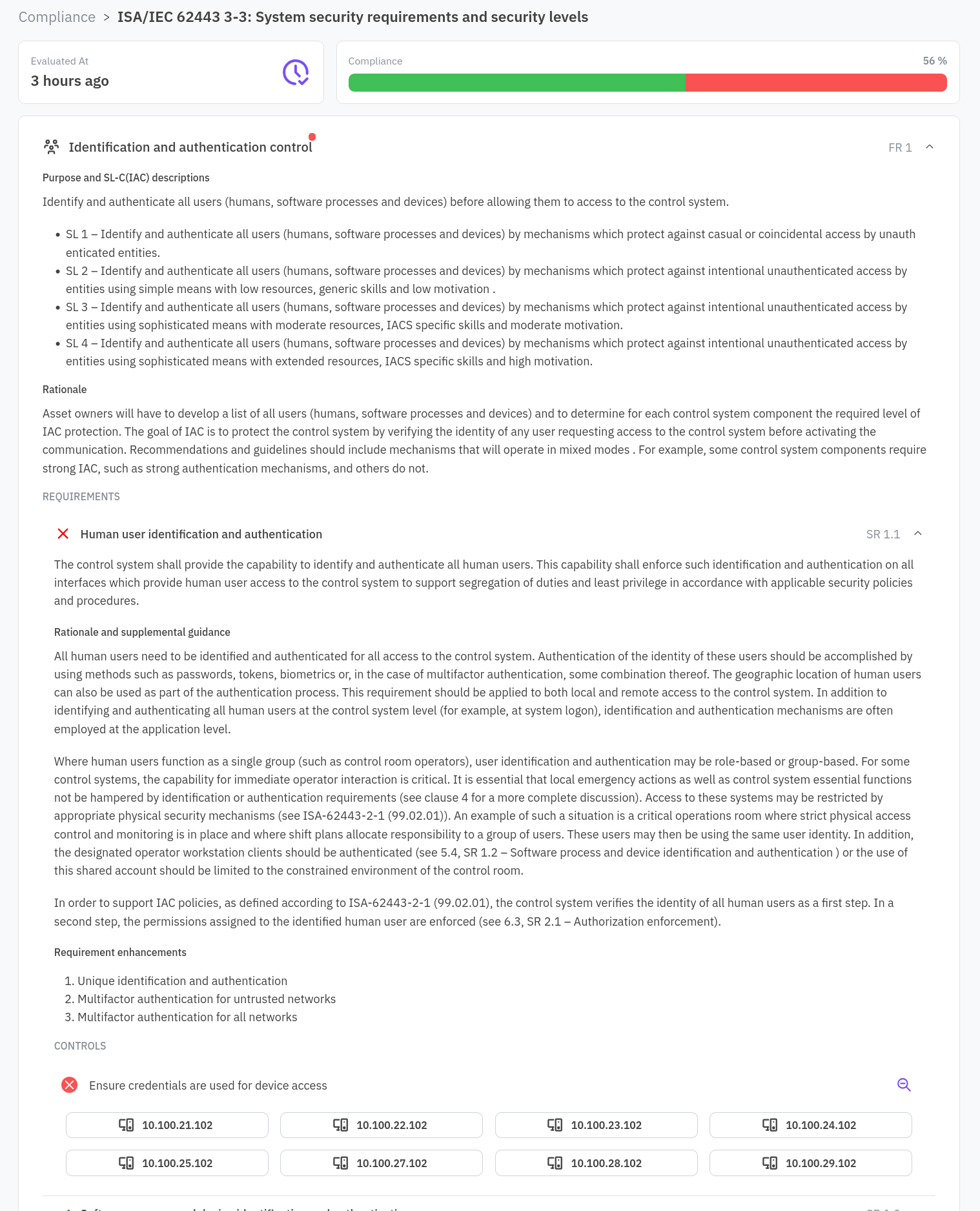 Compliance report with failing requirements expanded