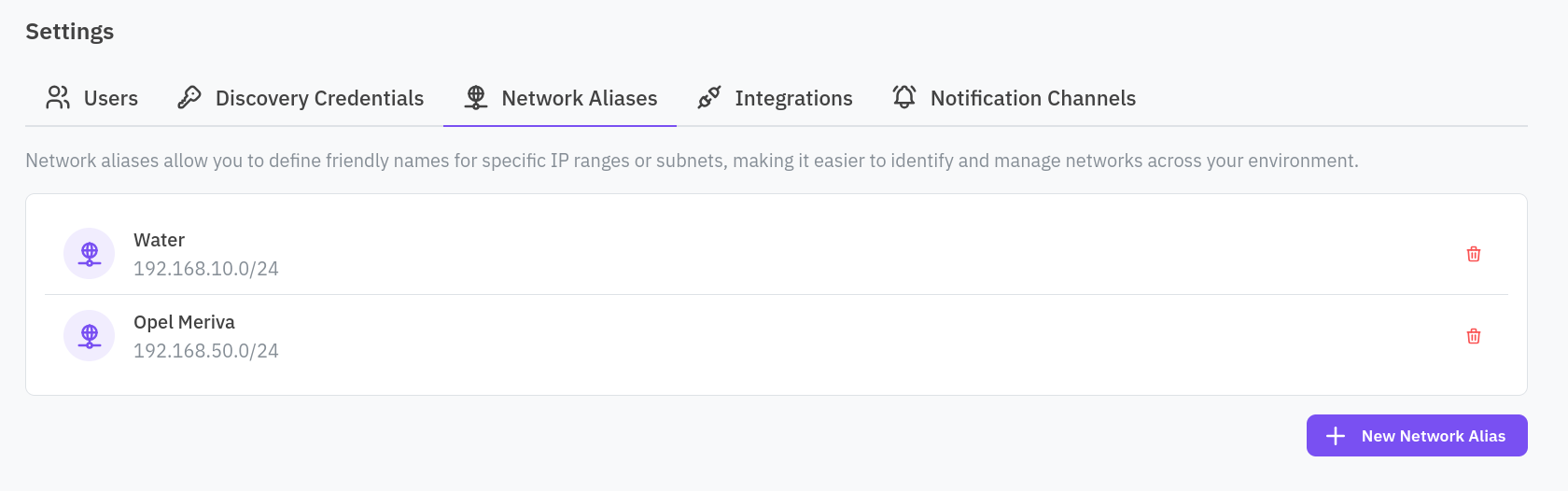 Network aliases tab showing a CIDR range mapped to a name