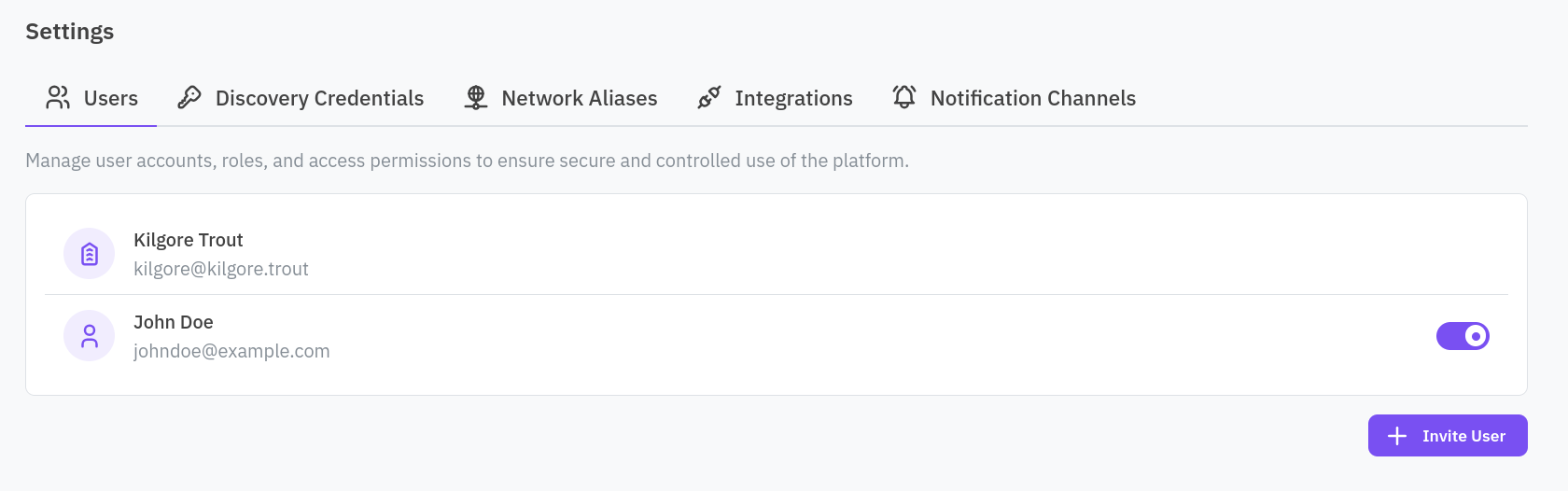 Users tab with the access switch per user